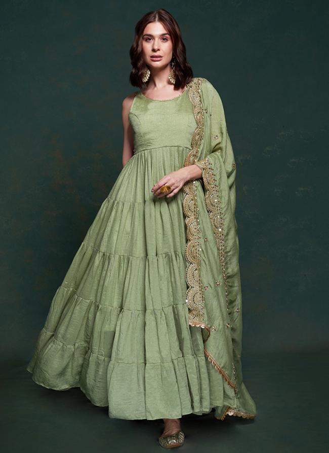 Georgette Mint Green Party Wear Solid Readymade Gown With Dupatta